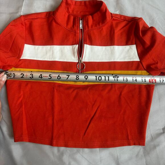 defrost Y2K Orange, Striped, Short Sleeve, Quarter Zip Up, Crop Top- S - Picture 5 of 6